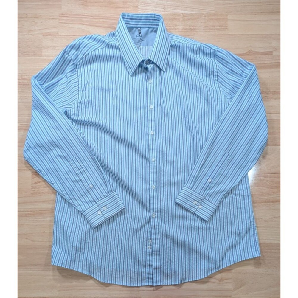 Geoffrey Beene Shirt Mens XL 17.5 34/35 Slim Fit Stretch Wrinkle Free Blue Strip